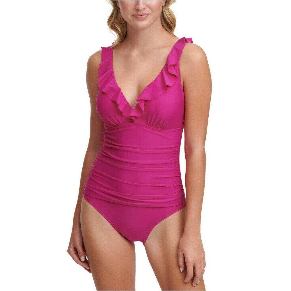 DKNY Ruffle Plunge Underwire Tummy Control One-Piece Swimsuit, 14 Fiesta